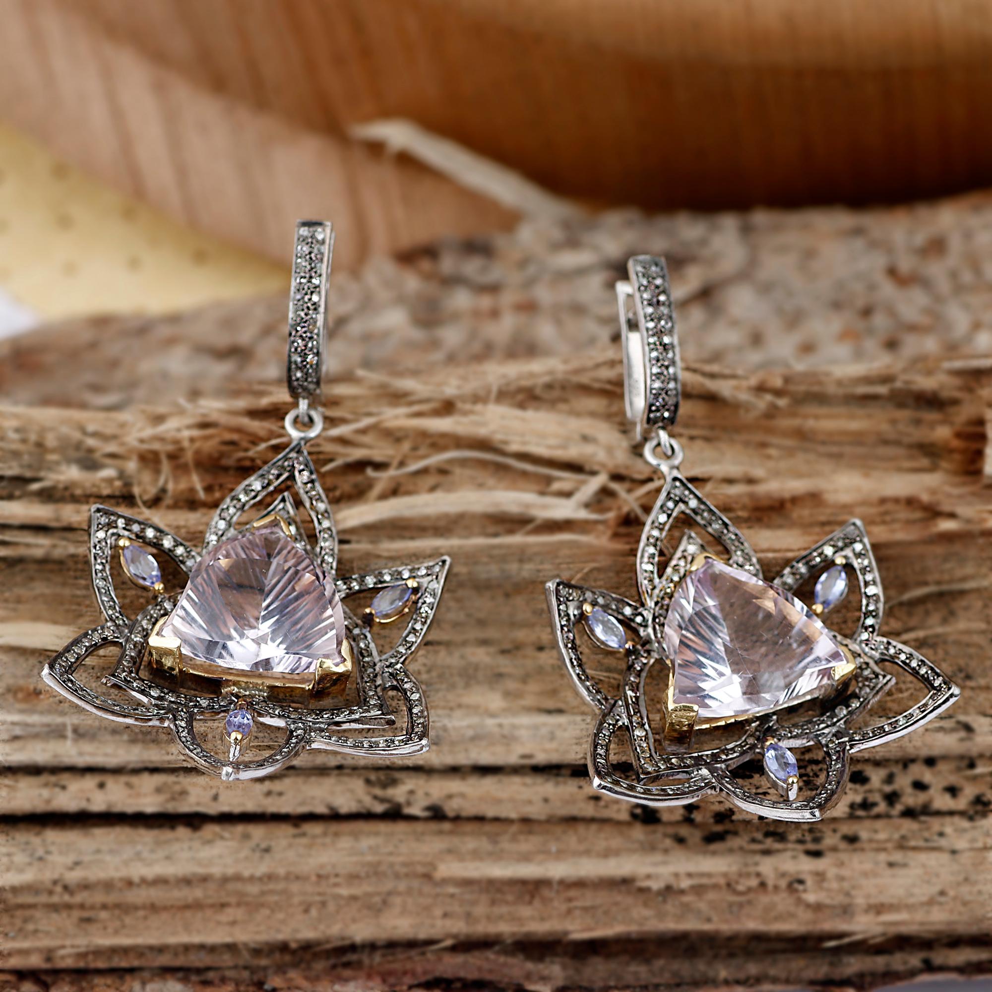 Round Cut Antique Style Silver Diamond, Tanzanite & Lavender Quartz Dangle Earrings For Sale