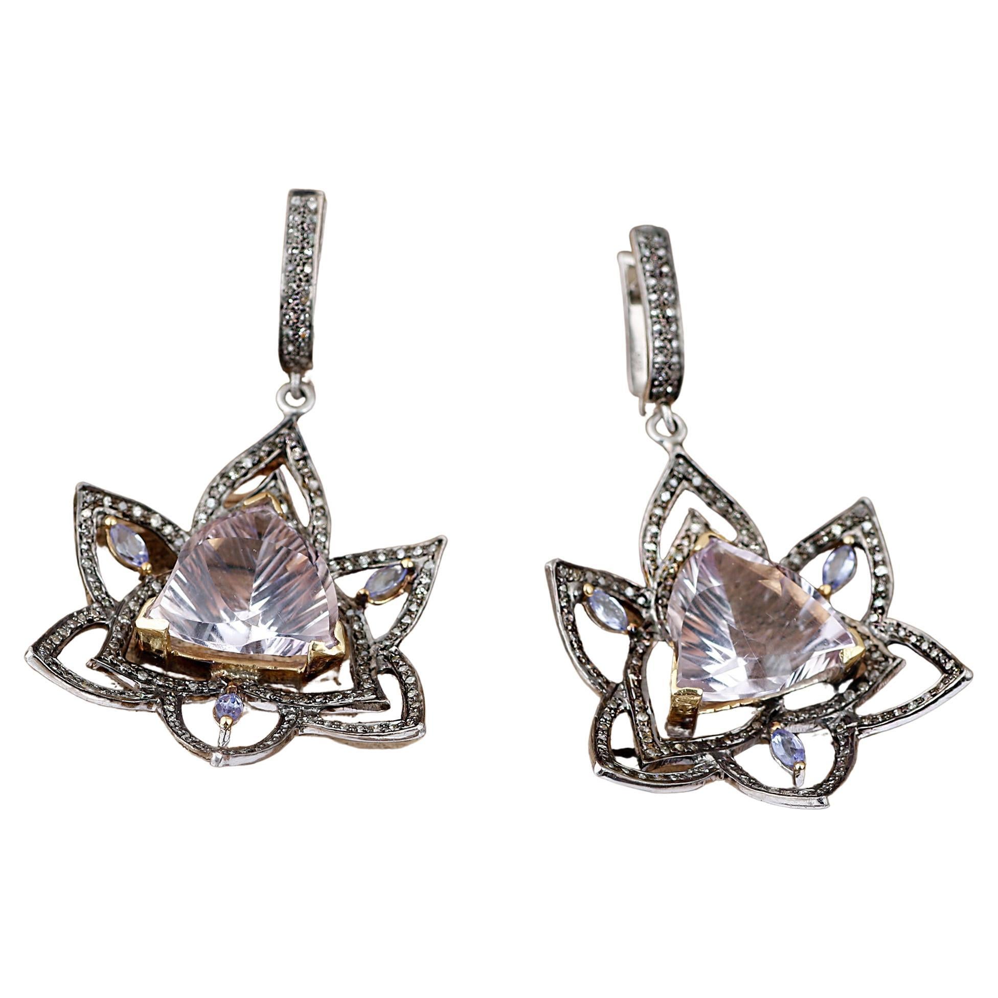 Antique Style Silver Diamond, Tanzanite & Lavender Quartz Dangle Earrings For Sale