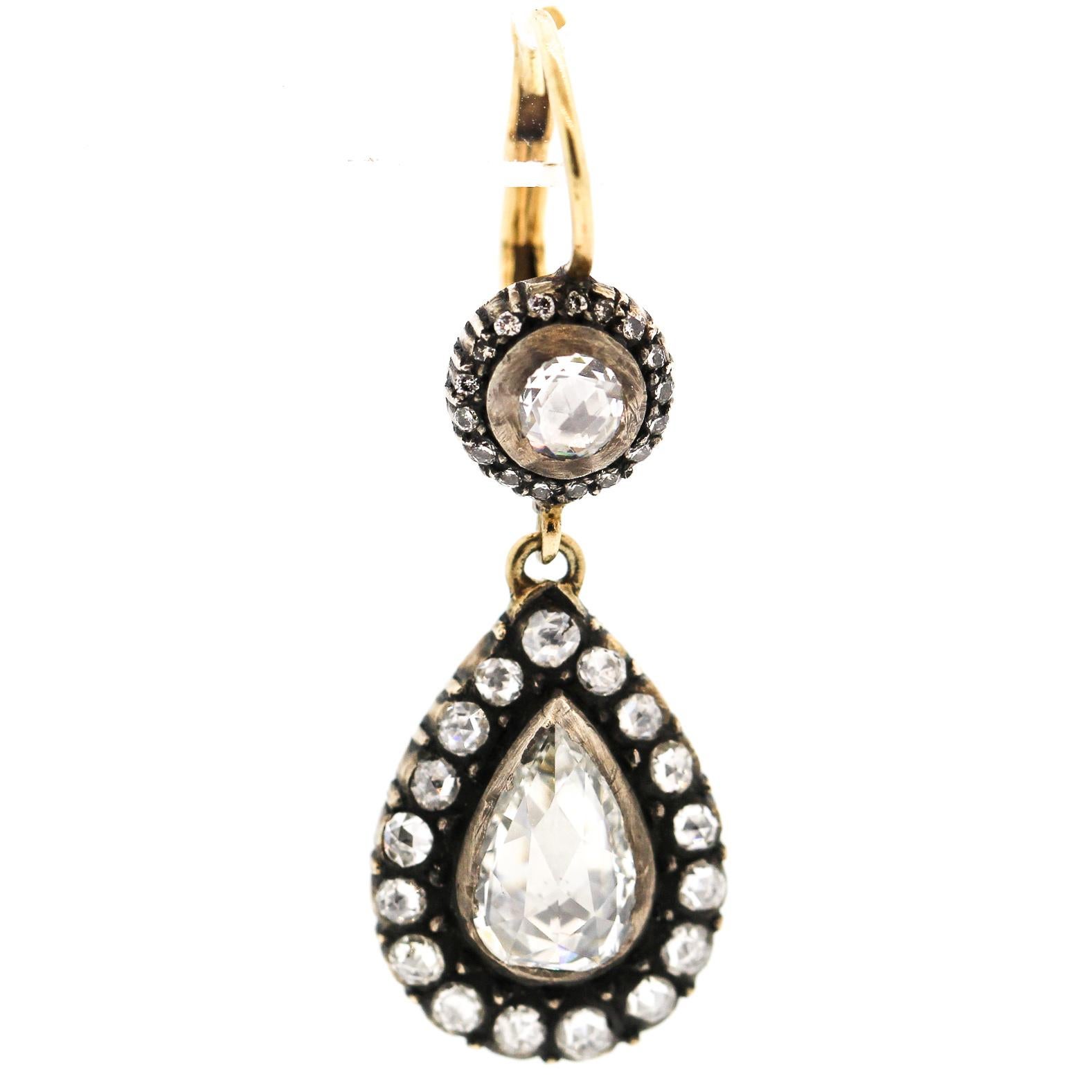 Women's or Men's Antique Style Silver Topped Gold Rose Cut Diamond Earrings