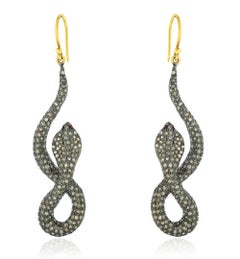 Antique Style Snake Shaped Long Earrings With Ruby Eyes & Pave Diamonds