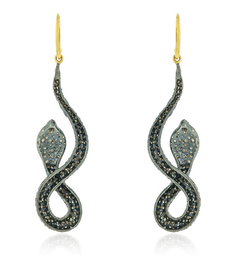 Art Deco Antique Style Snake Shaped Long Earrings With Ruby Eyes & Pave Diamonds For Sale