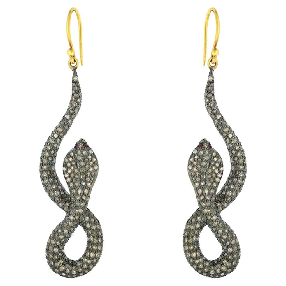 Antique Style Snake Shaped Long Earrings With Ruby Eyes & Pave Diamonds For Sale