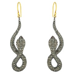 Antique Style Snake Shaped Long Earrings With Ruby Eyes & Pave Diamonds