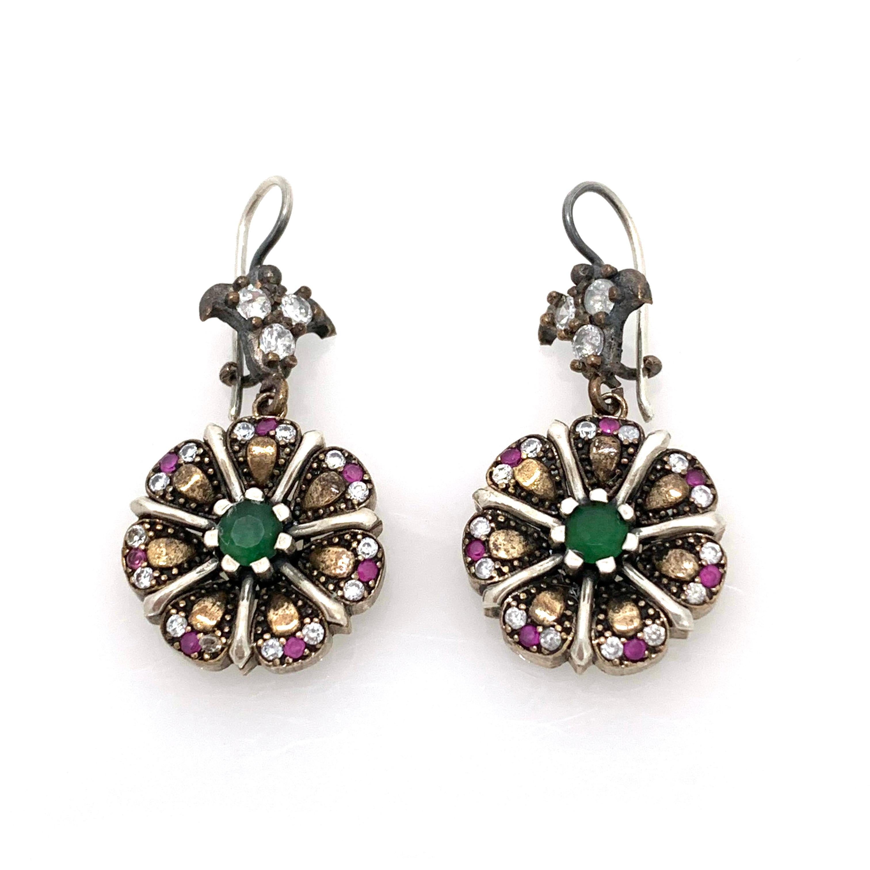 Antique Style Sterling Silver Emerald Ruby and CZ Flower Drop Earrings 1990s In New Condition In Los Angeles, CA