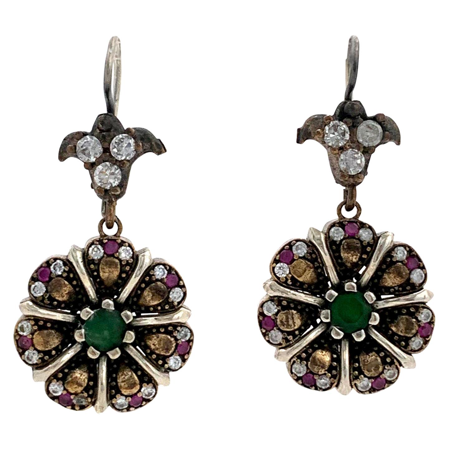 Antique Style Sterling Silver Emerald Ruby and CZ Flower Drop Earrings 1990s