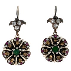 Vintage Style Sterling Silver Emerald Ruby and CZ Flower Drop Earrings 1990s