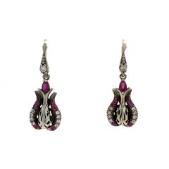 Antique Style Sterling Silver Ruby and Simulated Diamond Drop Earrings 1990s