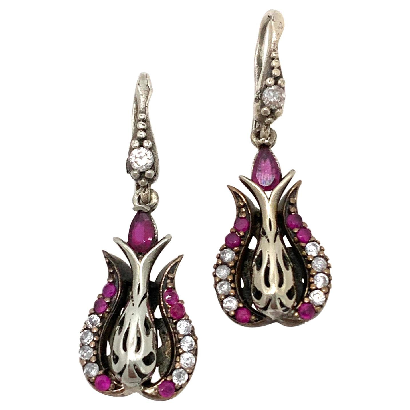 Antique Style Sterling Silver Ruby and Simulated Diamond Drop Earrings 1990s