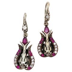 Pendientes de gota de plata de ley estilo antiguo con rubí y diamante simulado Años 90