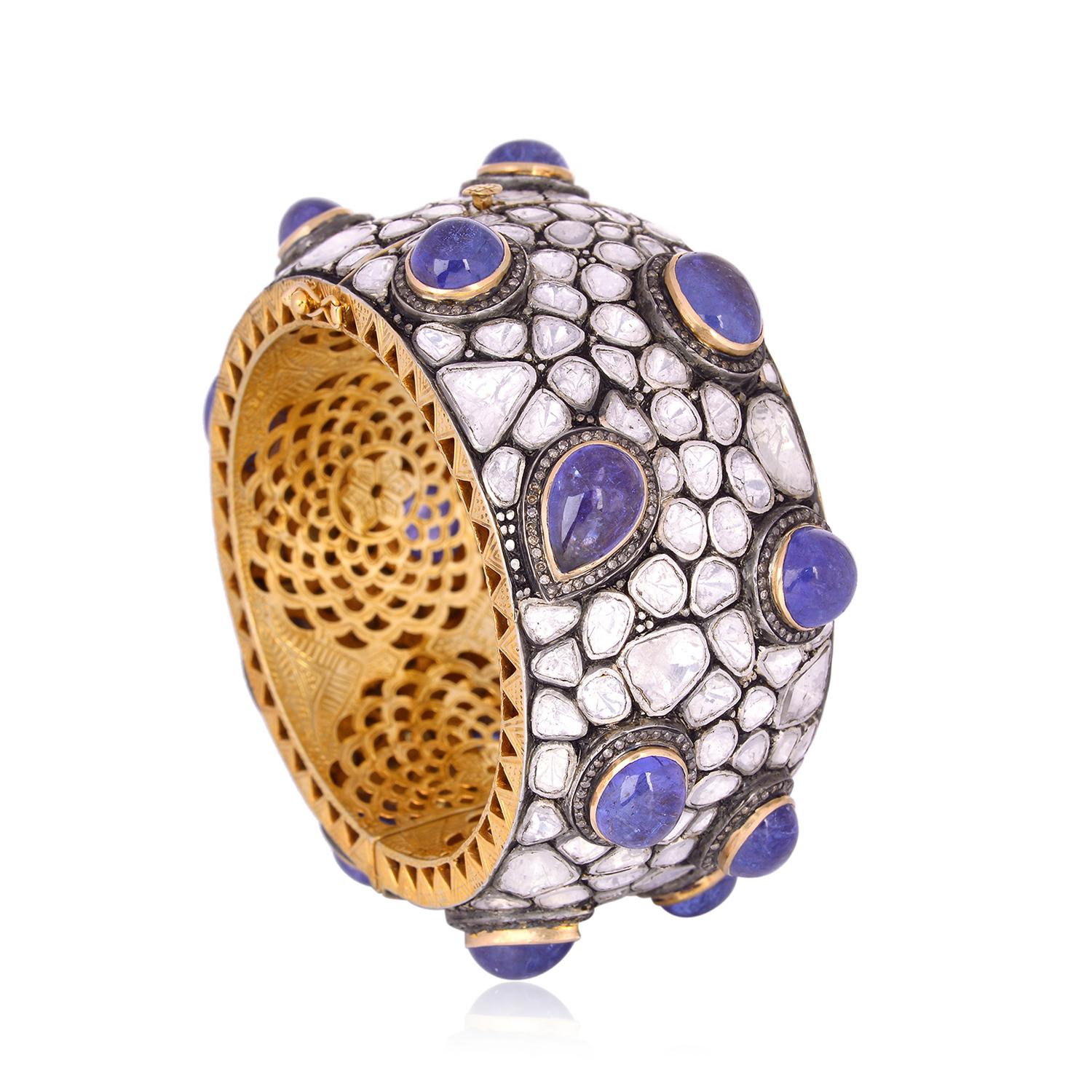 Artisan Antique Style Tanzanite Diamond Bracelet Cuff For Sale