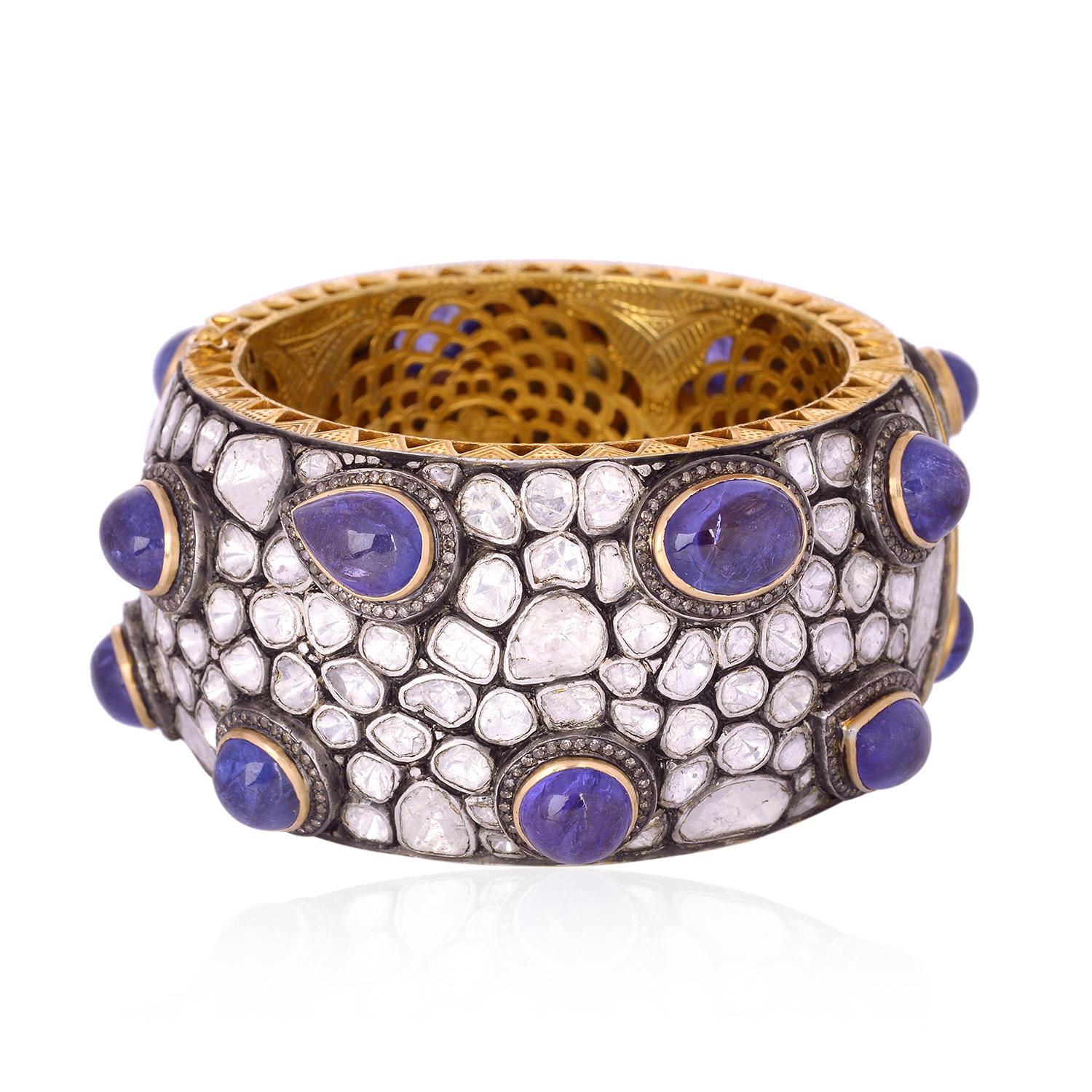 Antike Stil Tansanit Diamant-Armband Manschette (Rosenschliff) im Angebot