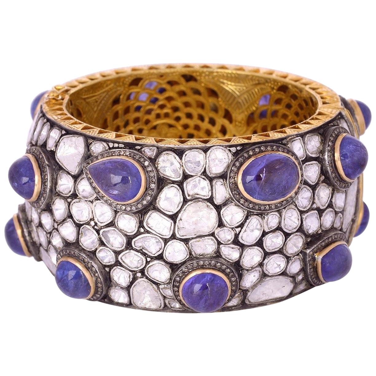 Antique Style Tanzanite Diamond Bracelet Cuff For Sale