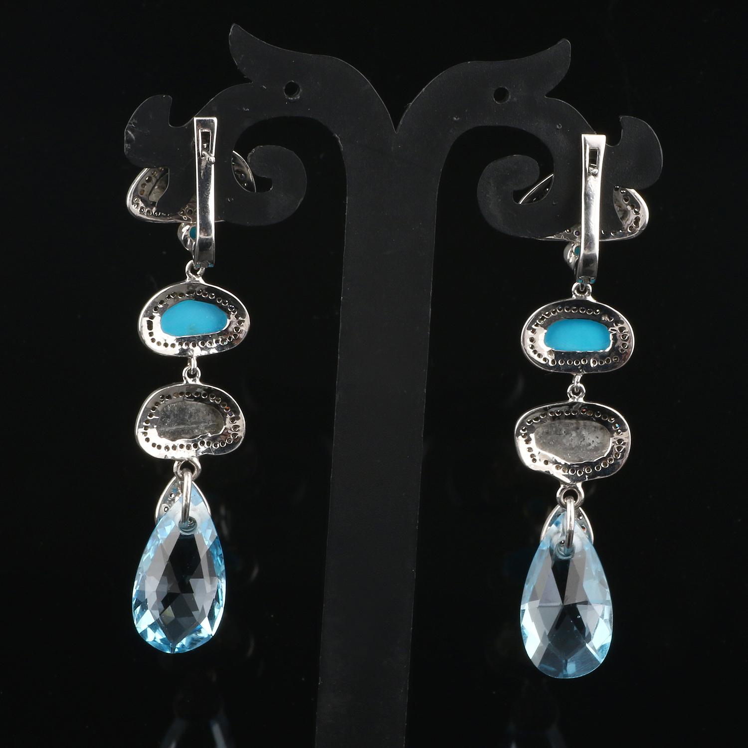 Round Cut Antique Style Topaz Silver Earrings, Victorian Diamond Turquoise Dangle Earrings For Sale