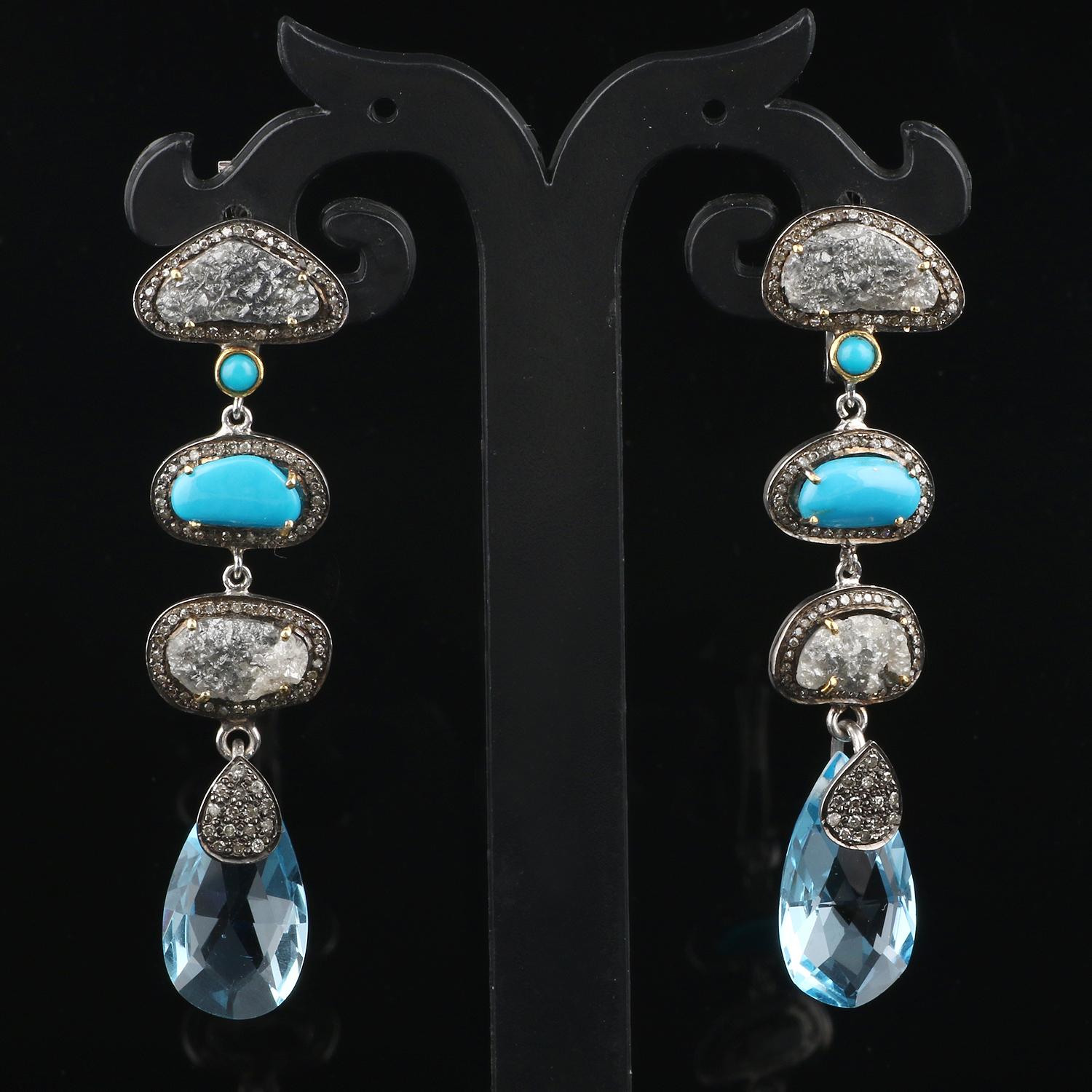 Antique Style Topaz Silver Earrings, Victorian Diamond Turquoise Dangle Earrings In New Condition For Sale In Jaipur, RJ