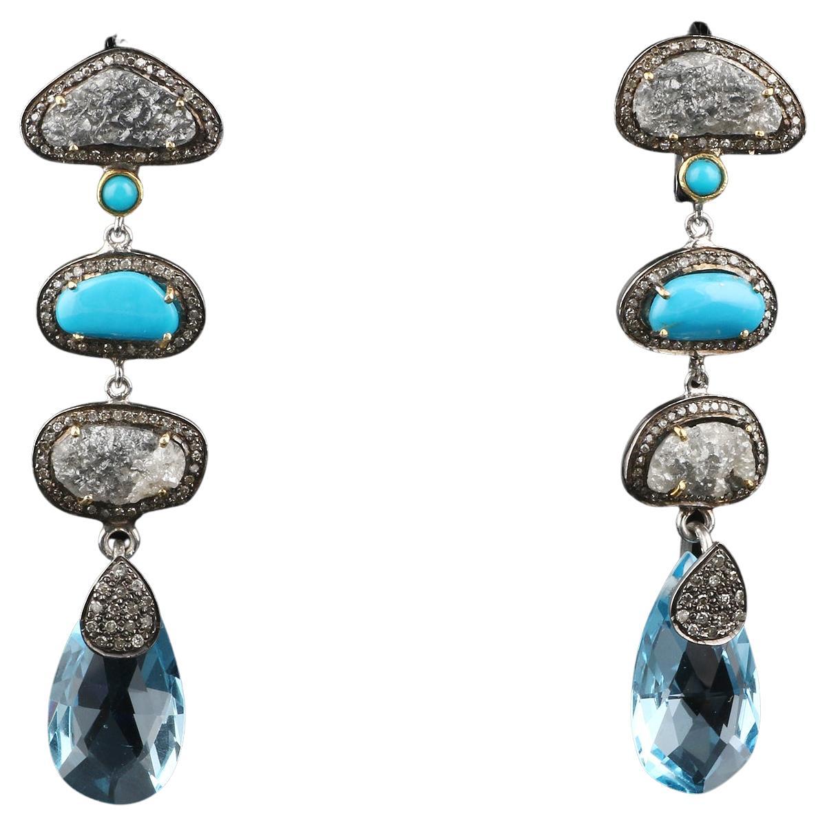 Antique Style Topaz Silver Earrings, Victorian Diamond Turquoise Dangle Earrings For Sale