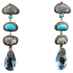 Antique Style Topaz Silver Earrings, Victorian Diamond Turquoise Dangle Earrings