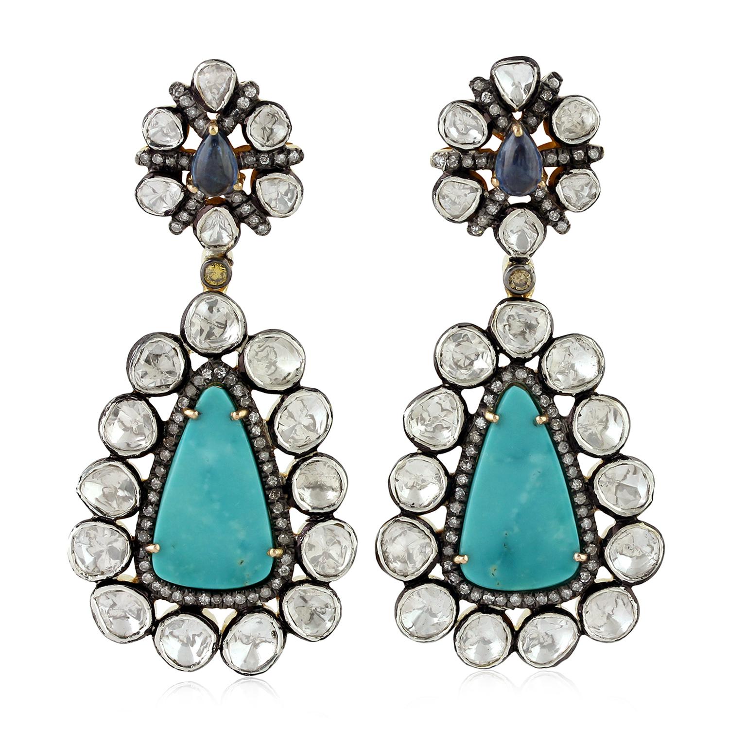 Artisan Antique Style Turquoise Diamond Earrings For Sale