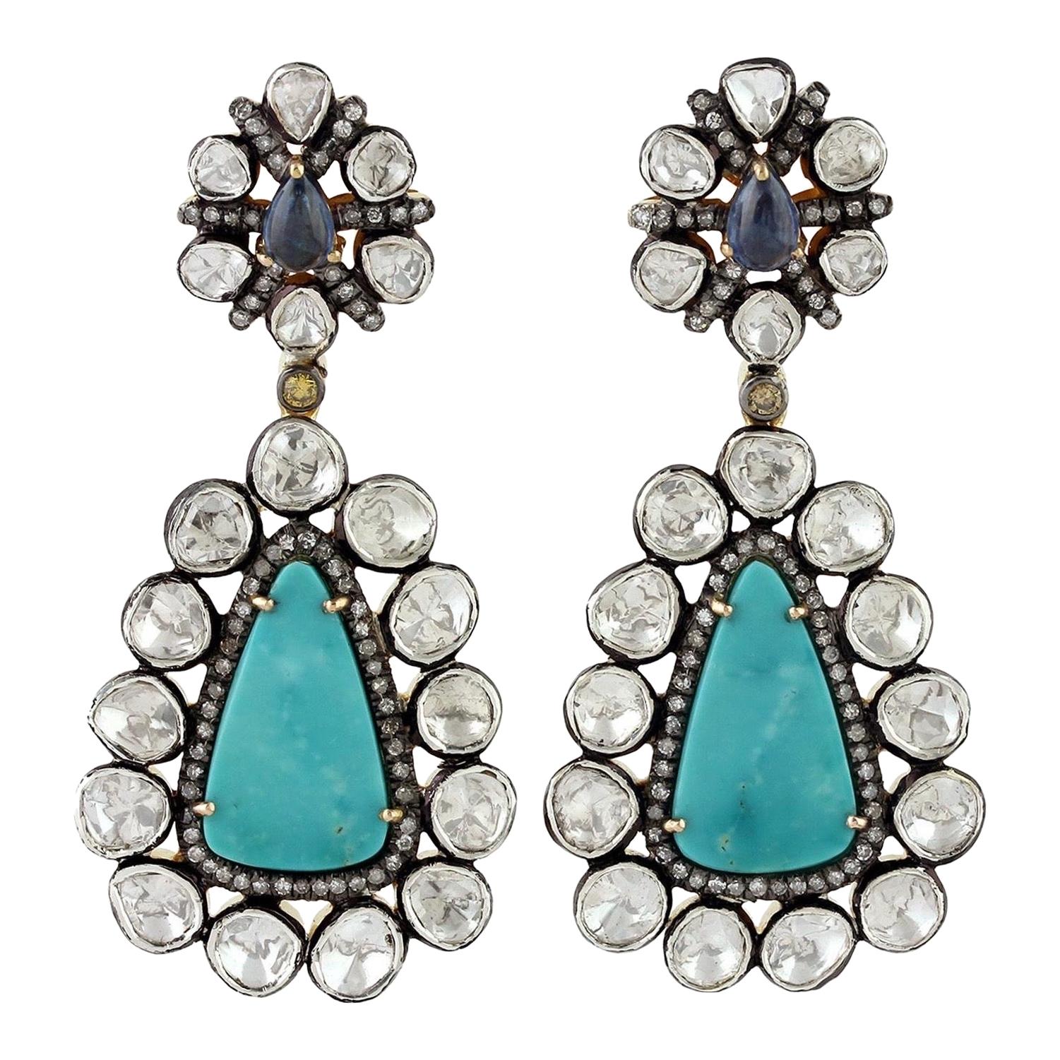 Boucles d'oreilles de style ancien en turquoise et diamants