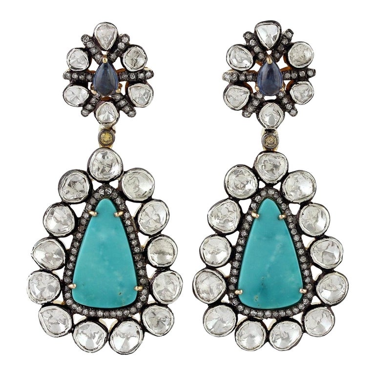 Antique Style Turquoise Diamond Earrings For Sale at 1stDibs