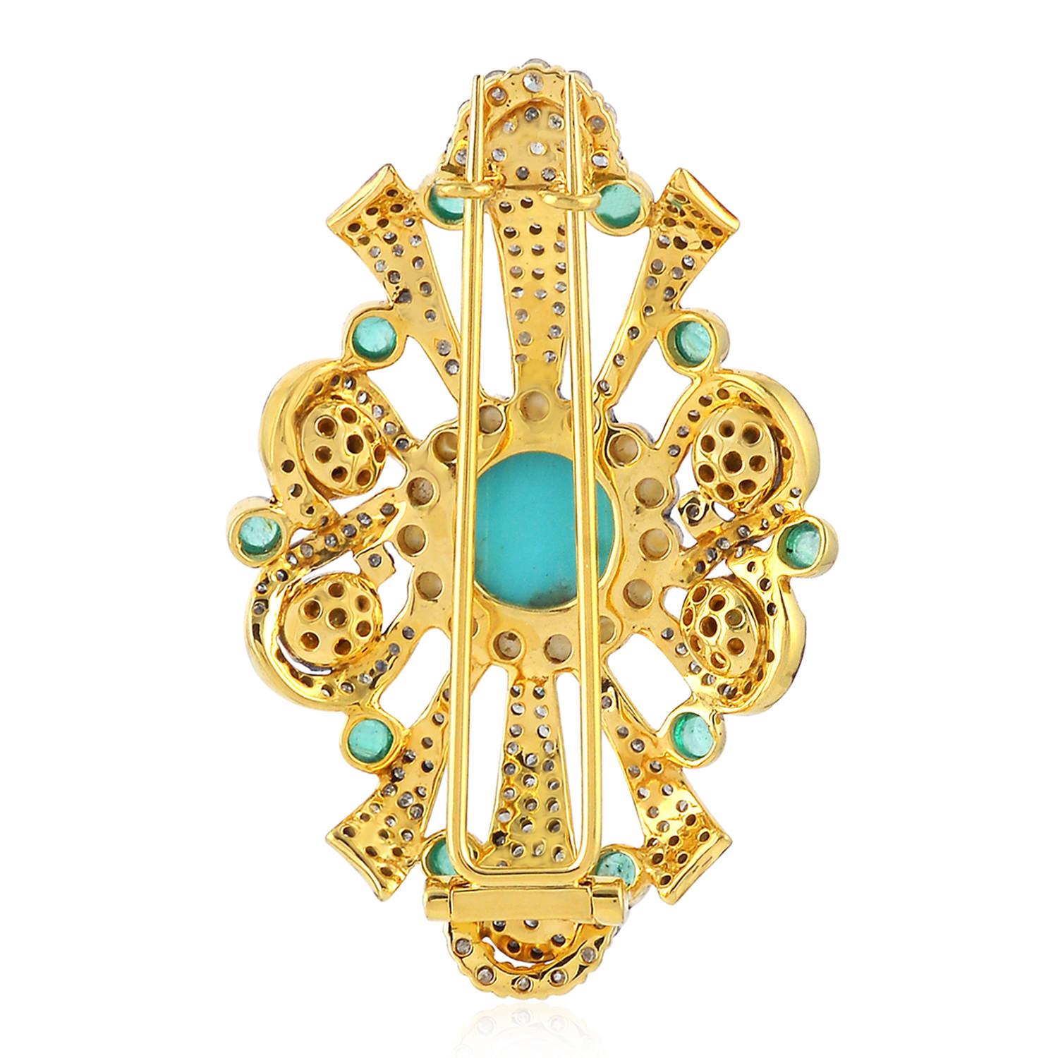 A stunning brooch cast in 18K gold & sterling silver. It is hand set with 1.03 carats emerald, .84 pearl, turquoise and 2.59 carats of sparkling diamonds.

FOLLOW  MEGHNA JEWELS storefront to view the latest collection & exclusive pieces.  Meghna