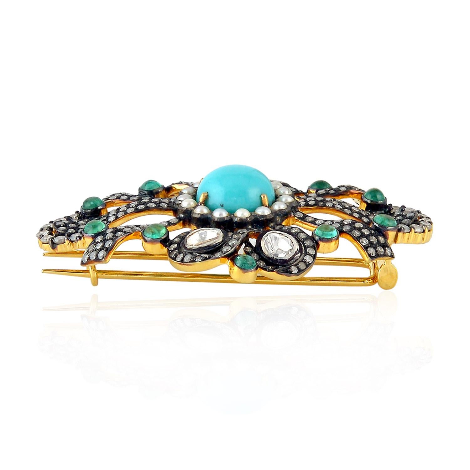 Artisan Antique Style Turquoise Emerald Diamond Brooch For Sale