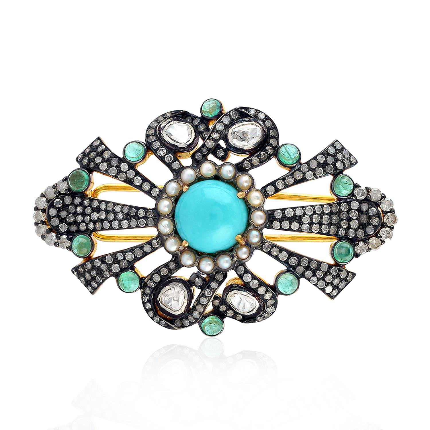 Mixed Cut Antique Style Turquoise Emerald Diamond Brooch For Sale