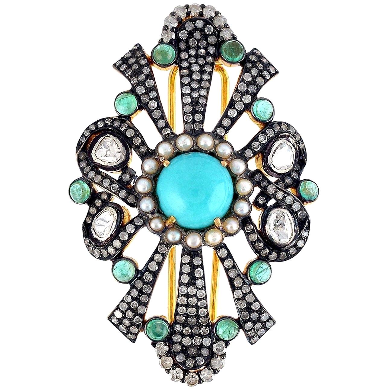 Antique Style Turquoise Emerald Diamond Brooch For Sale