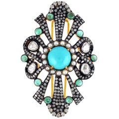 Antique Style Turquoise Emerald Diamond Brooch