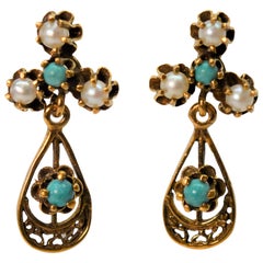 Antique Style Turquoise Pearl Tear Drop Earrings