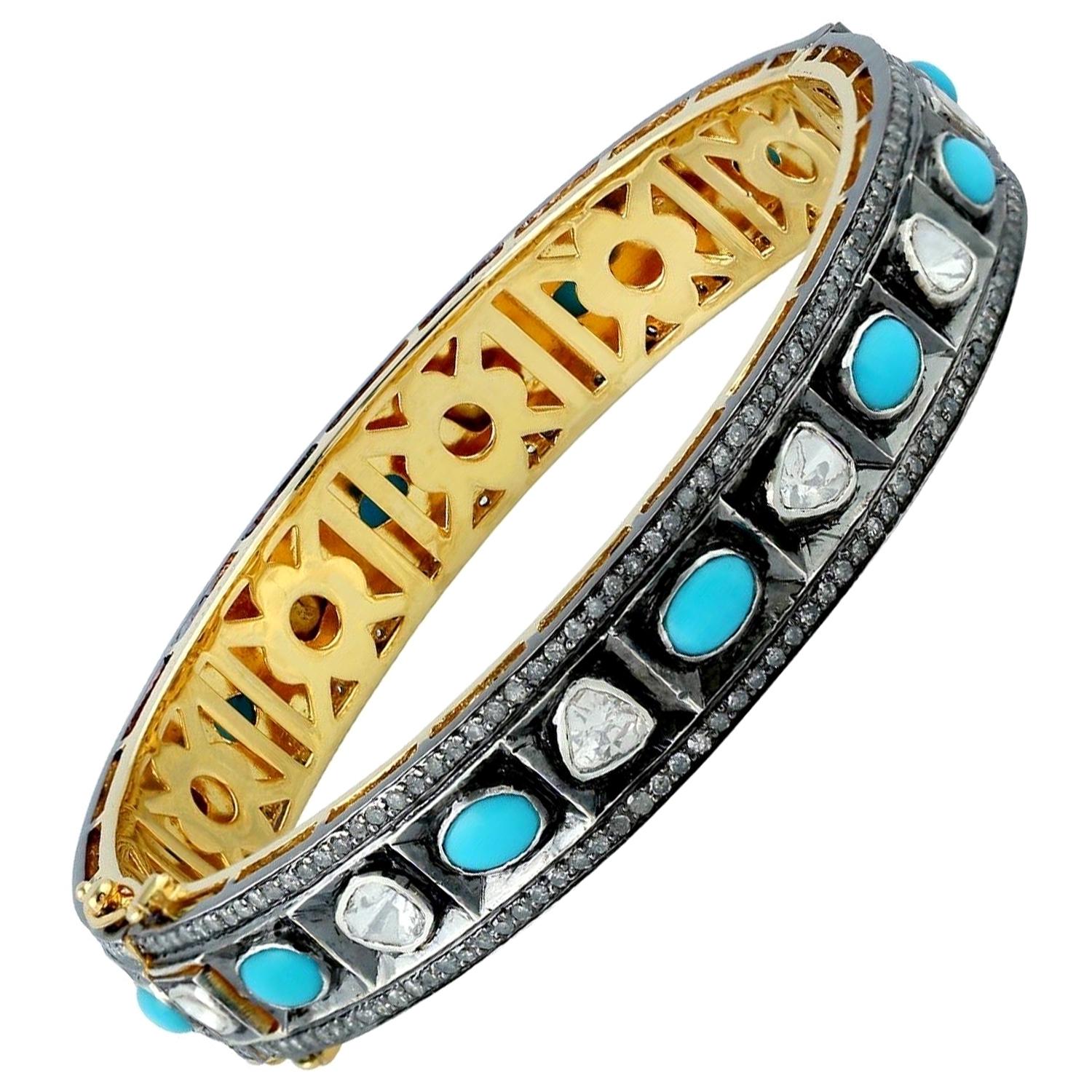 Bracelet jonc de style ancien avec diamants taille rose et turquoise en vente