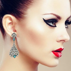 Antique Style Turquoise Rose Cut Diamond Earrings