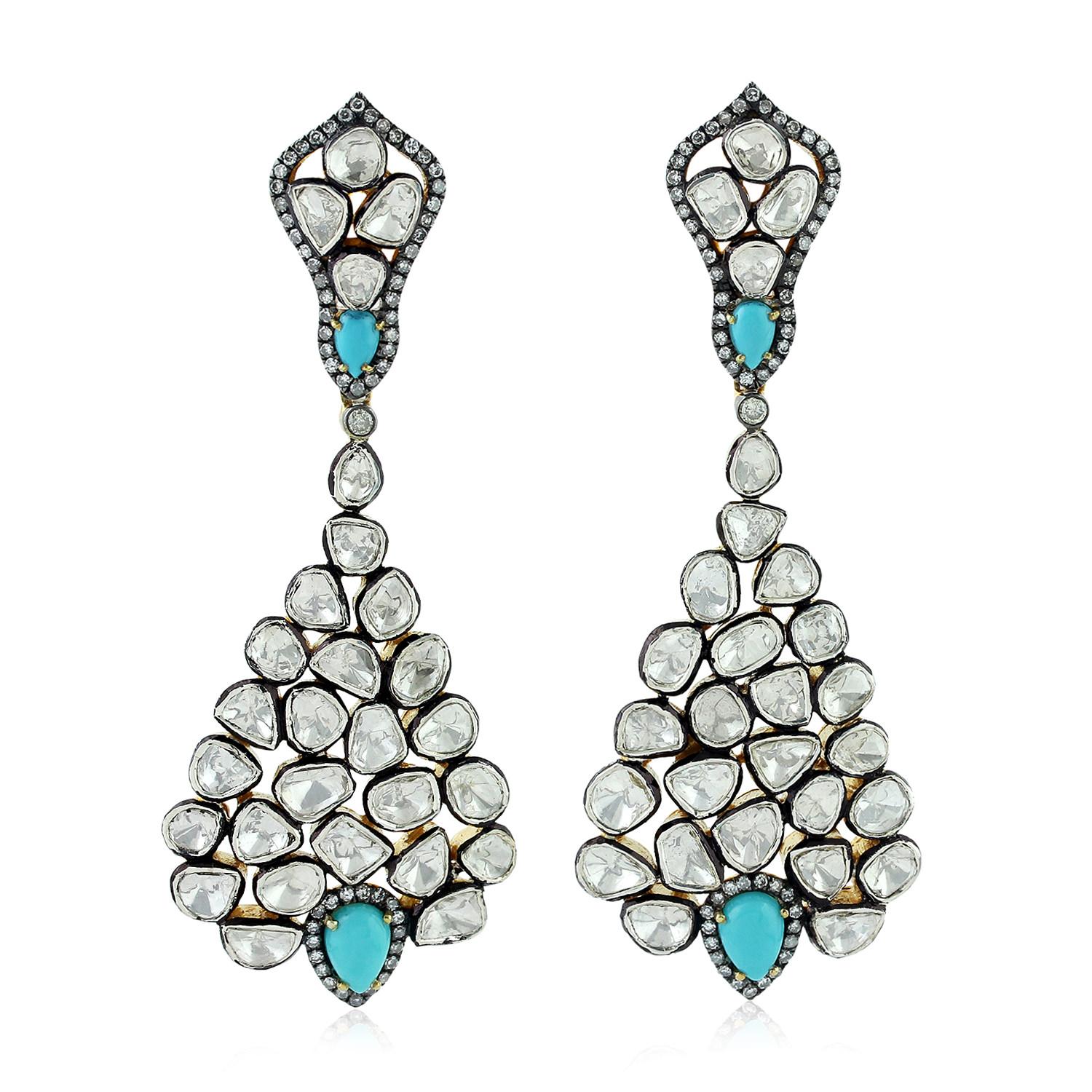 Antique Style Turquoise Rose Cut Diamond Earrings In New Condition For Sale In Hoffman Estate, IL