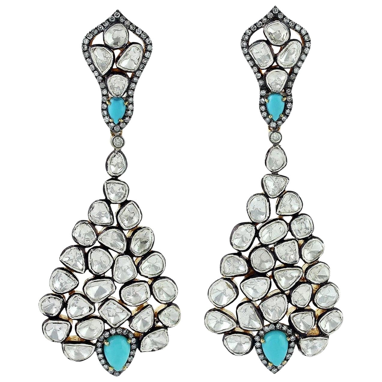 Antique Style Turquoise Rose Cut Diamond Earrings