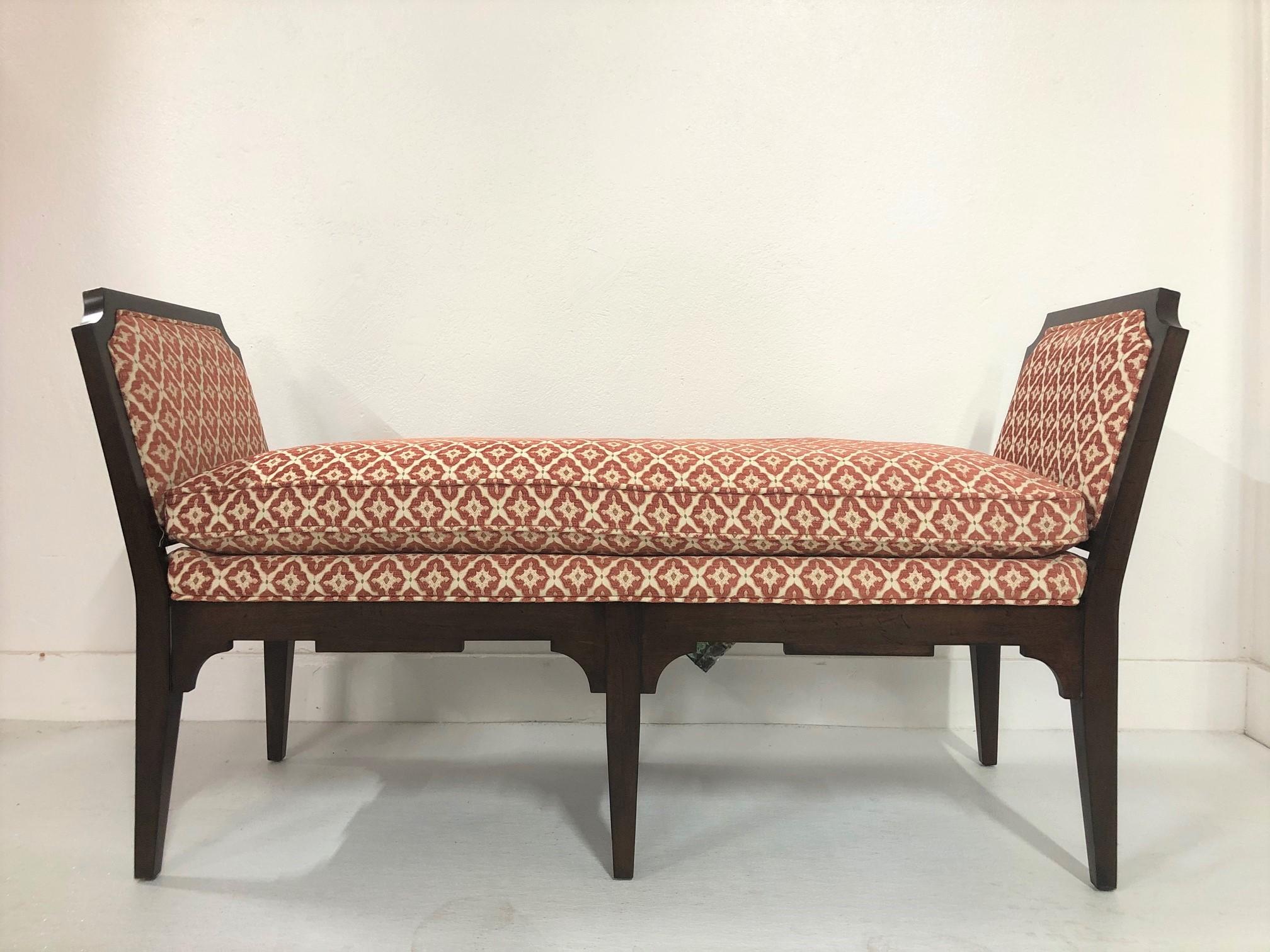Antique style upholstered bench. Has an attached, down filled seat cushion, original upholstery, and a hard wood frame.