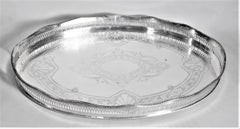 Antique Styled Silver Plated Oval Gallery Serving Tray with Cut Out Handles