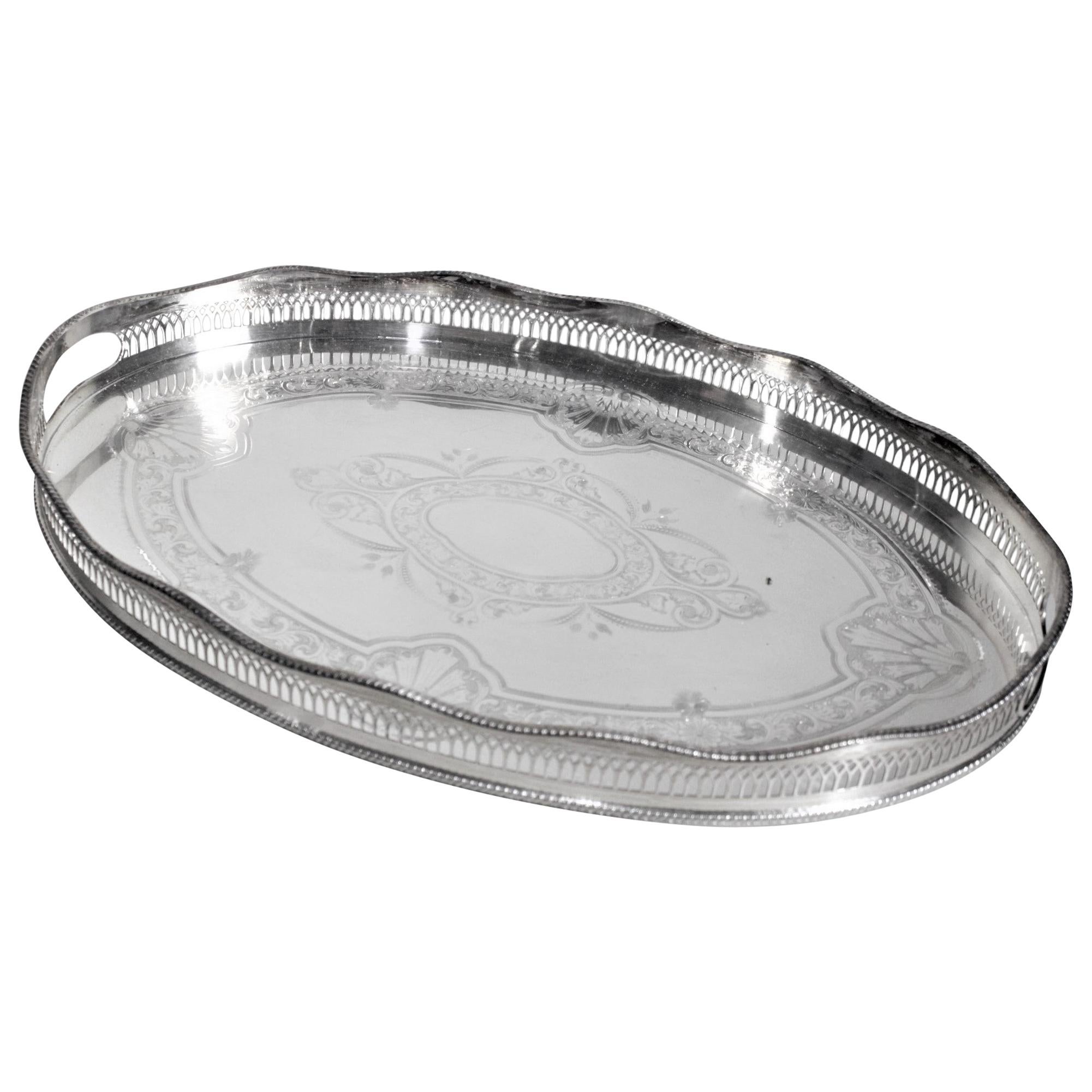 Antique Styled Silver Plated Oval Gallery Serving Tray with Cut Out Handles