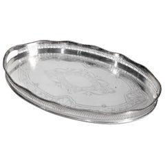 Antique Styled Silver Plated Oval Gallery Serving Tray with Cut Out Handles