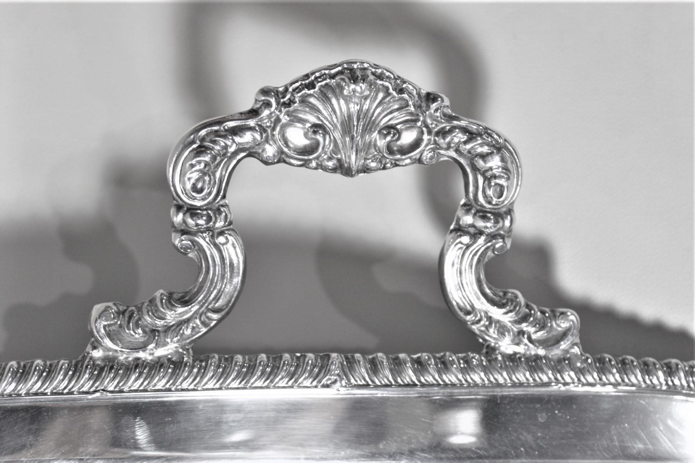 Antique Styled Silver Plated Serving Tray with Ornate Engraving & Handles 3