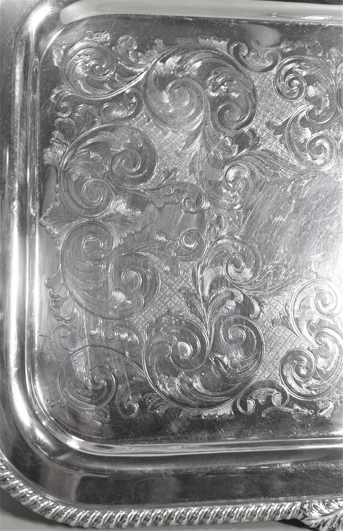 Antique Styled Silver Plated Serving Tray with Ornate Engraving & Handles 4