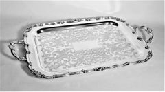 Antique Styled Silver Plated Serving Tray with Ornate Engraving & Handles