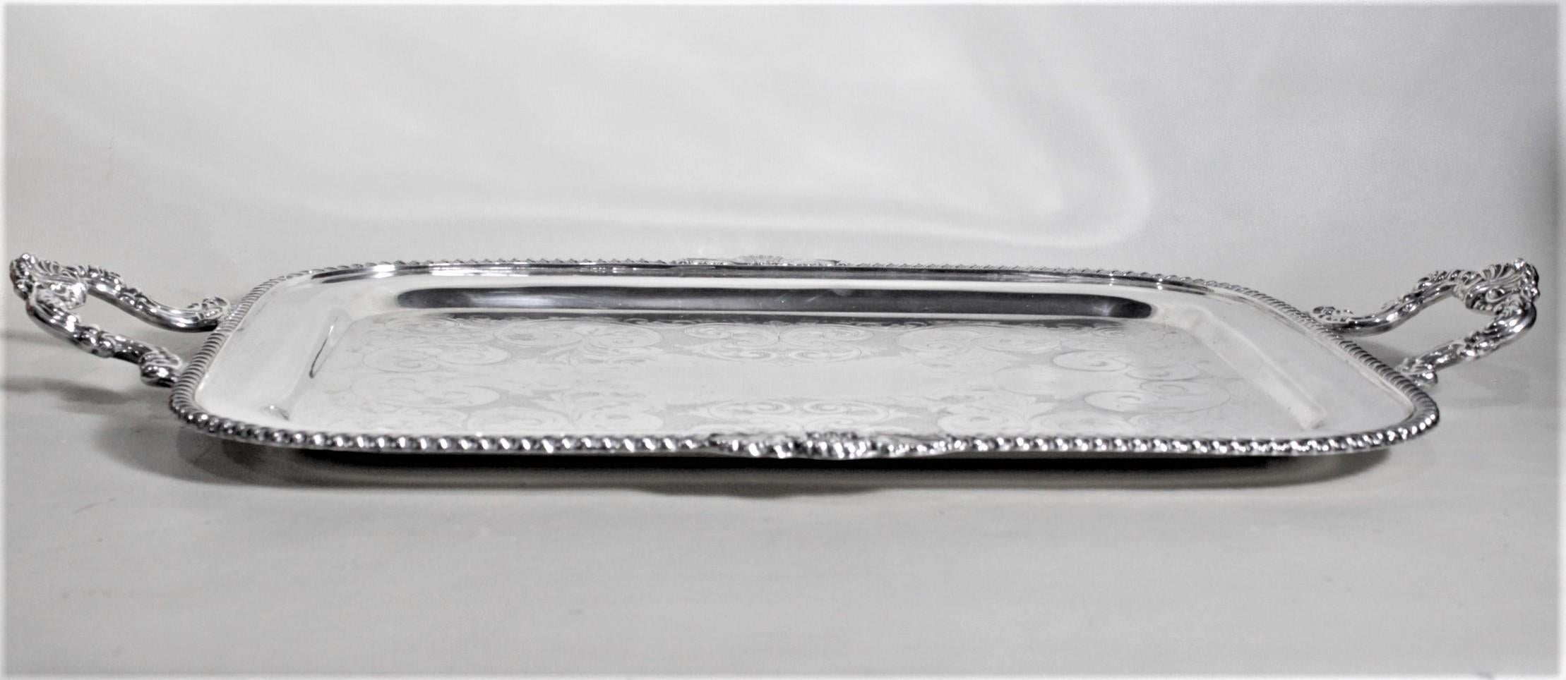 Victorian Antique Styled Silver Plated Serving Tray with Ornate Engraving & Handles