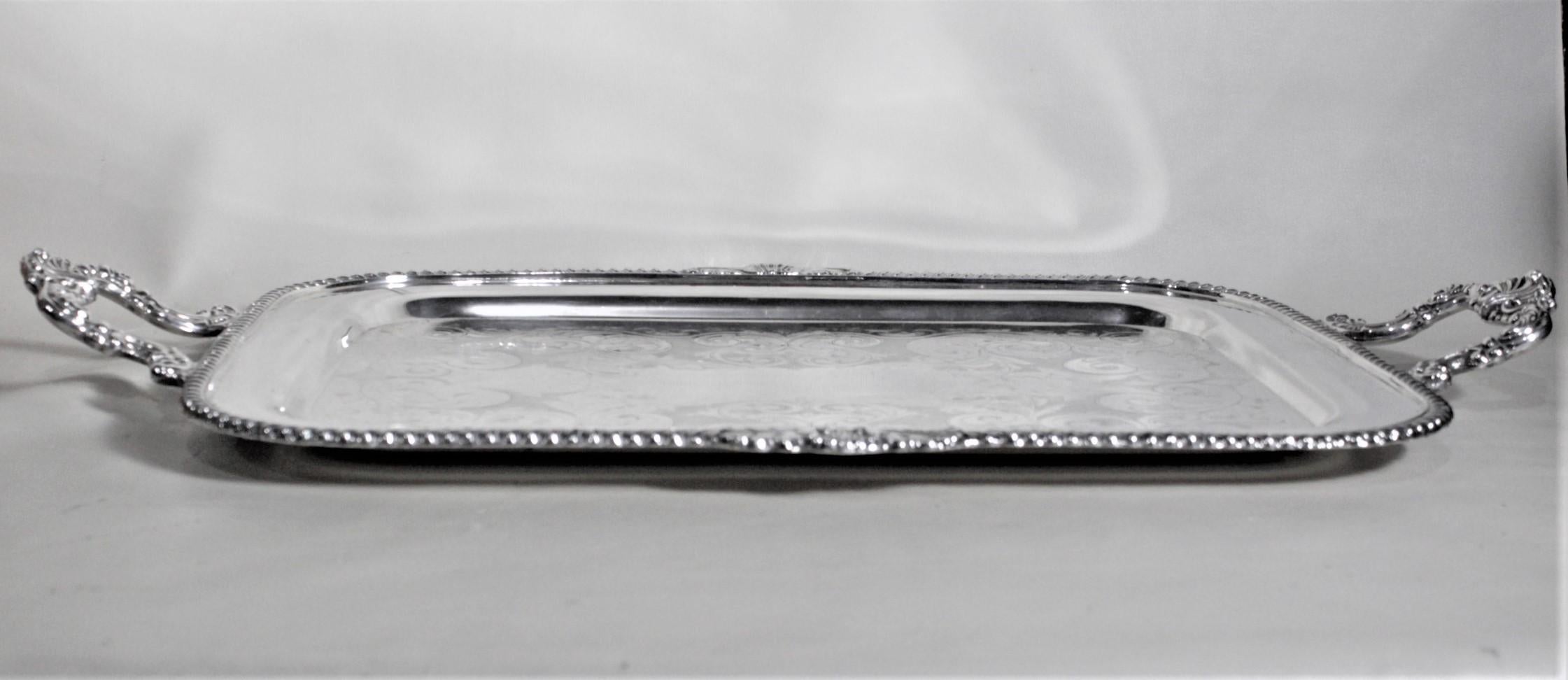 Antique Styled Silver Plated Serving Tray with Ornate Engraving & Handles In Good Condition In Hamilton, Ontario