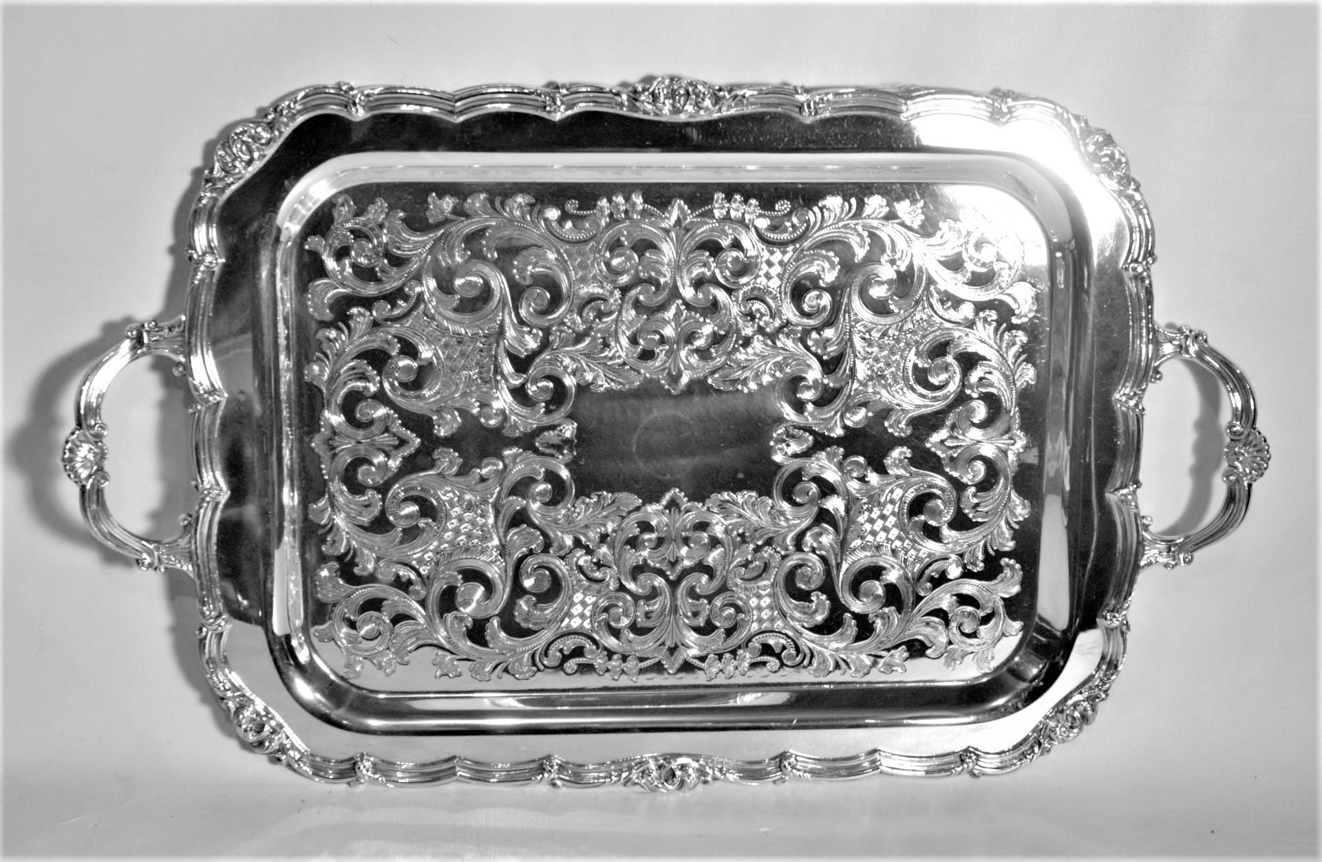 Victorian Antique Styled Silver Plated Serving Tray with Ornate Engraving & Handles