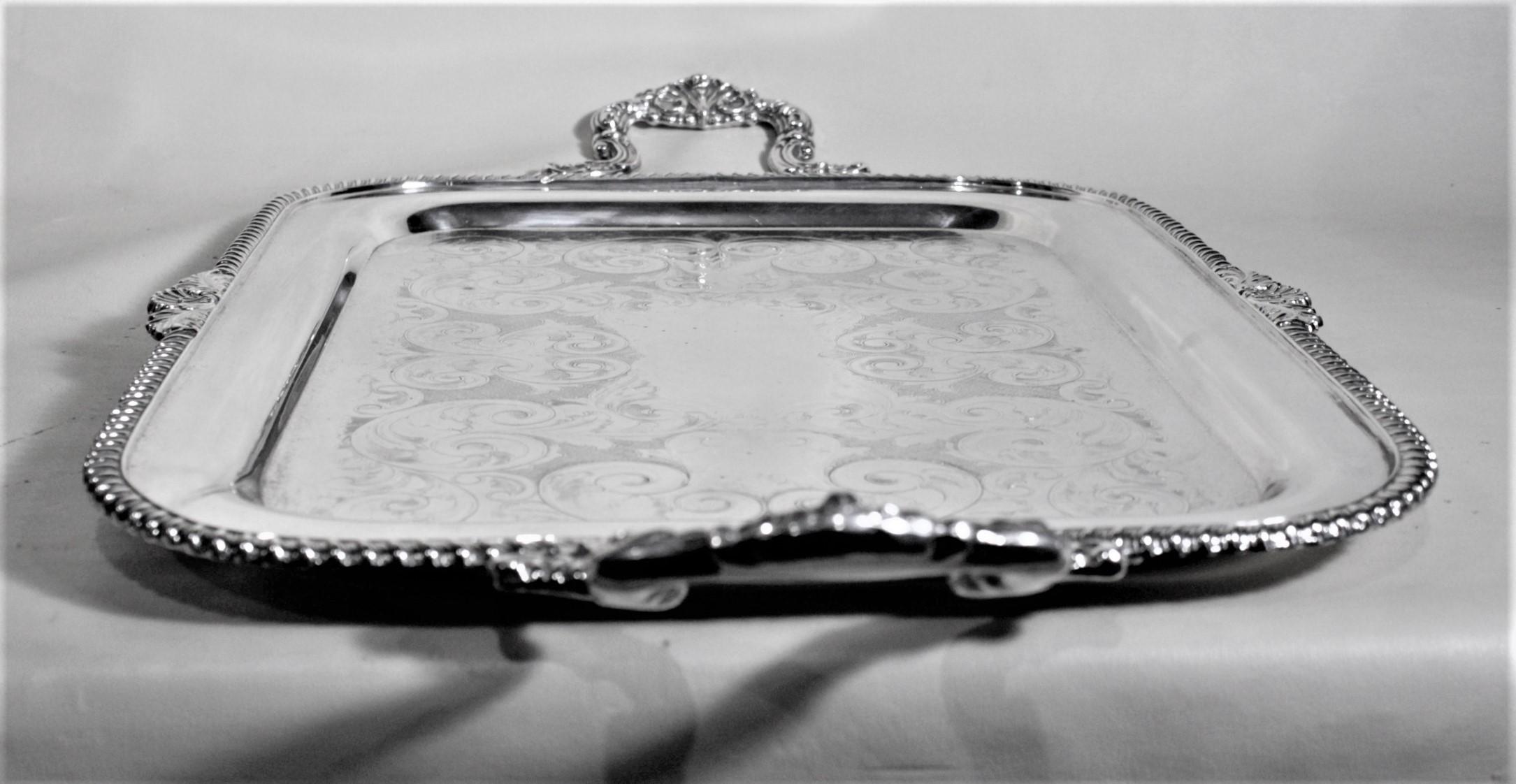 20th Century Antique Styled Silver Plated Serving Tray with Ornate Engraving & Handles