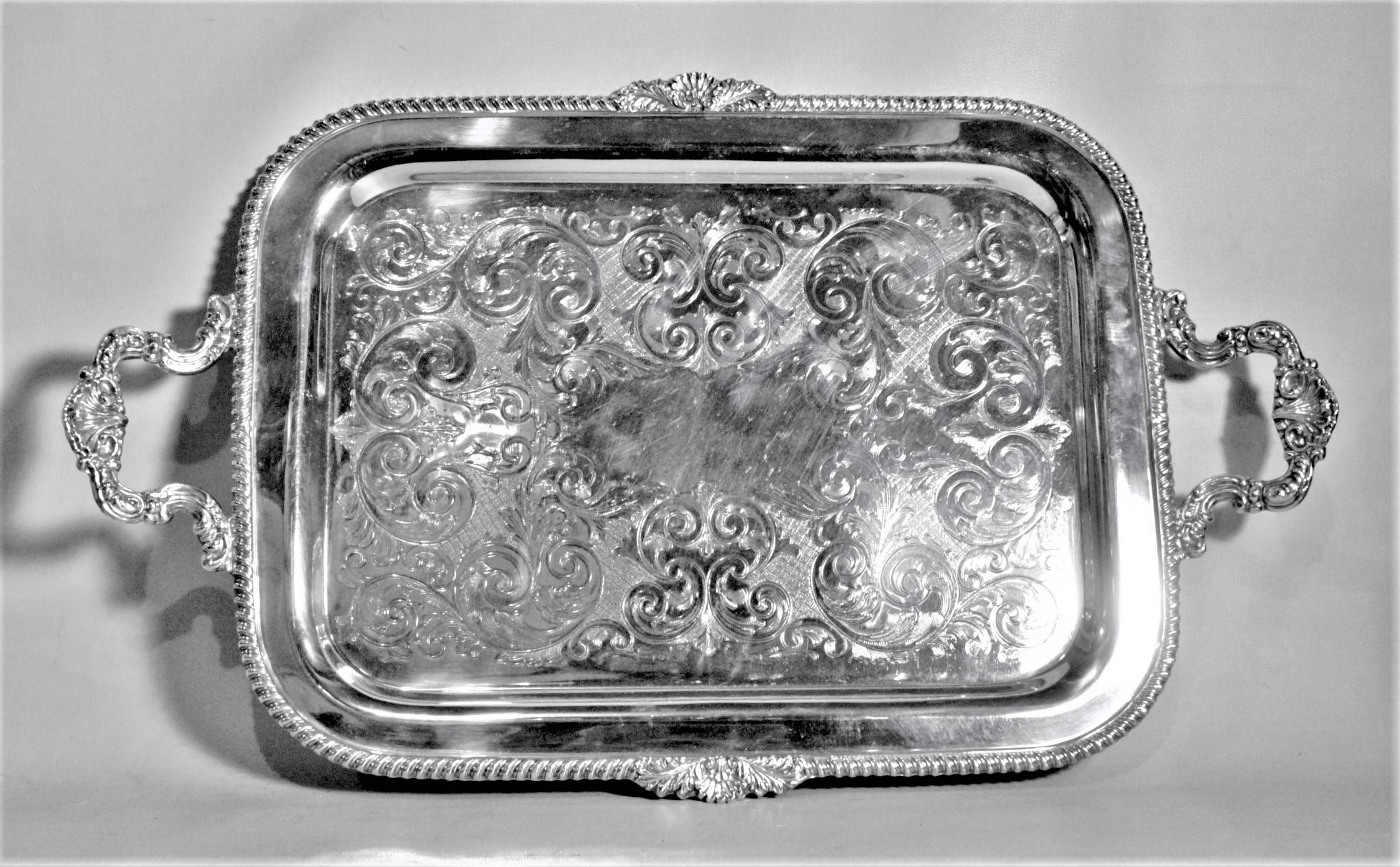 Metal Antique Styled Silver Plated Serving Tray with Ornate Engraving & Handles