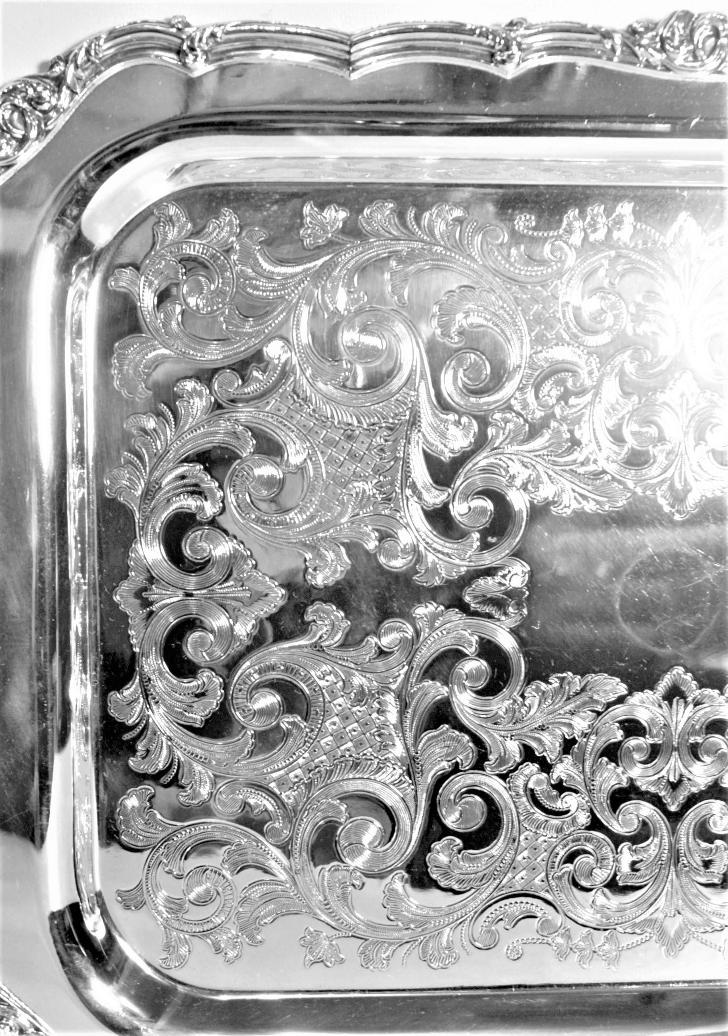 Antique Styled Silver Plated Serving Tray with Ornate Engraving & Handles In Good Condition In Hamilton, Ontario