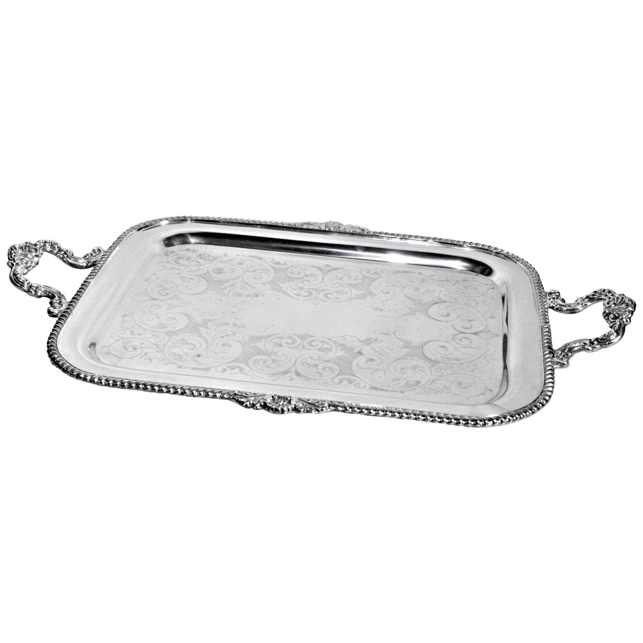 Antique Styled Silver Plated Serving Tray with Ornate Engraving & Handles