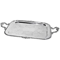 Vintage Styled Silver Plated Serving Tray with Ornate Engraving & Handles