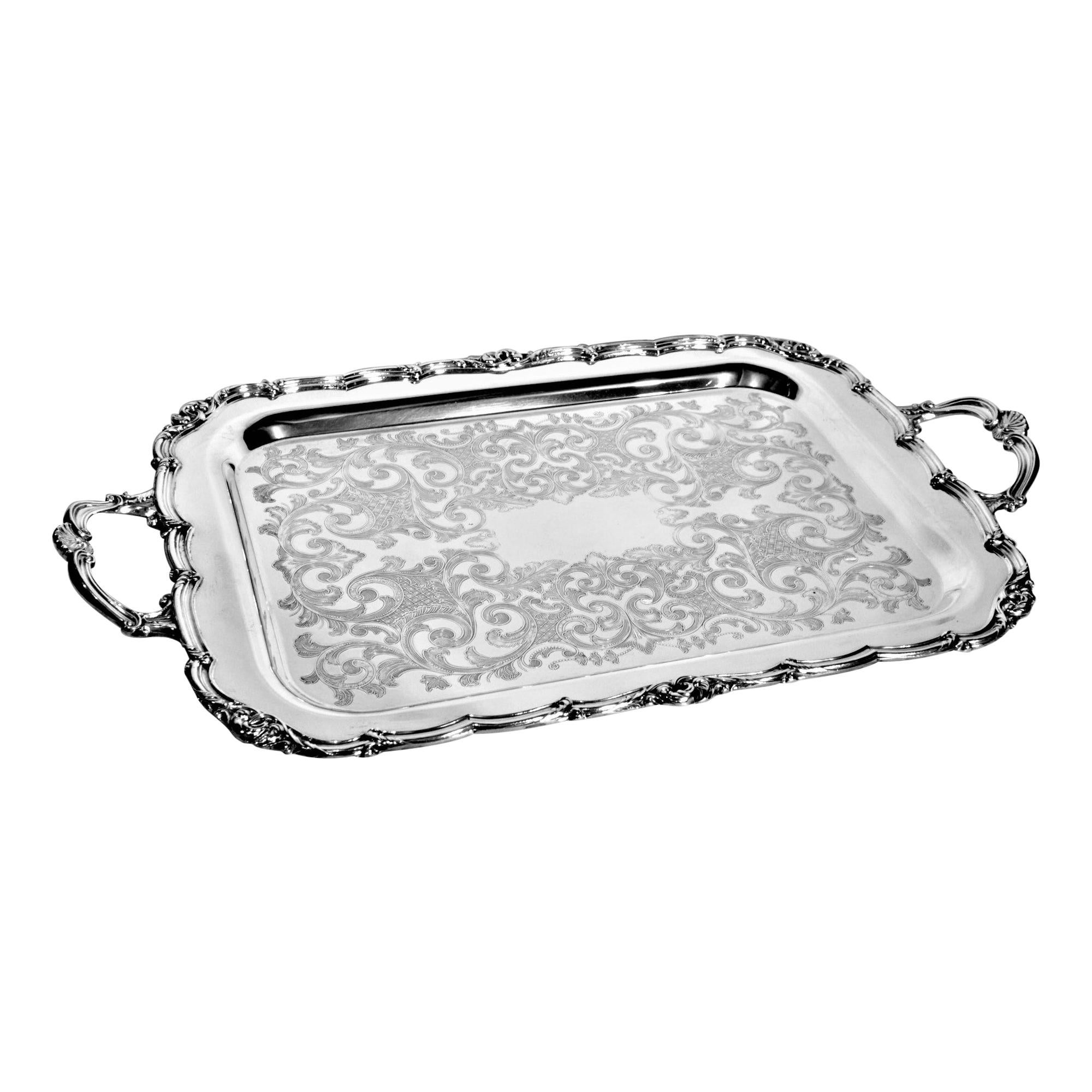 Antique Styled Silver Plated Serving Tray with Ornate Engraving & Handles