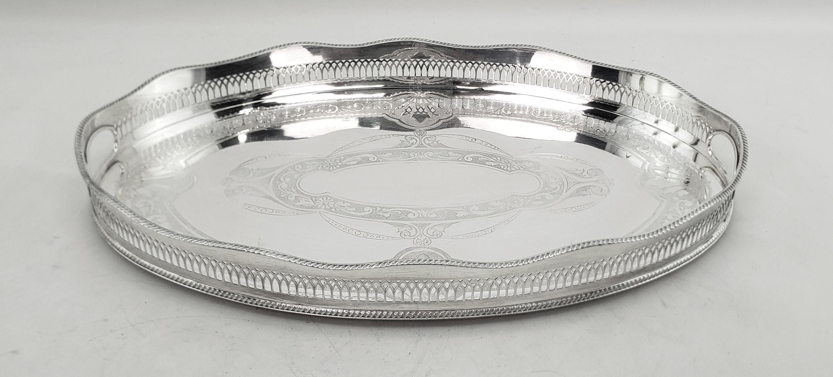 Edwardian Antique Stylied English Oval Silver Plated Gallery Serving Tray
